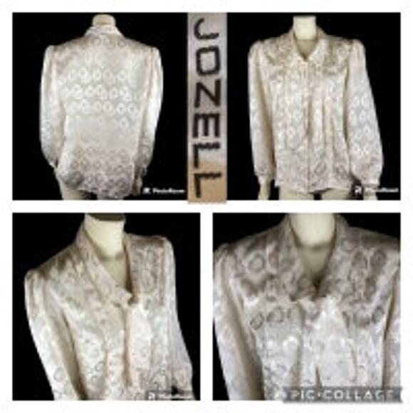 Vintage JOZELL Puff Sleeve 80's cream floral print blouse with necktie size 9/10 - Picture 14 of 16